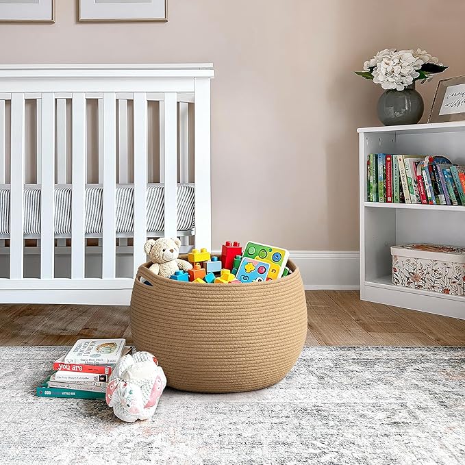 Goodpick Large Toy Storage for Kids, Woven Baby Basket for Nursery Living Room, Empty Decorative Basket for Gifts, Round Storage Baskets for Shelves, Camel, 15.7"D x 10.5"H