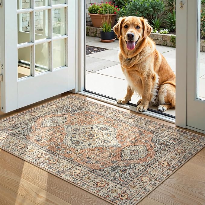 Lahome Oriental 2x3 Washable Rugs for Entryway, Soft Door Mat Indoor Entrance Small Kitchen Rugs Non Slip Ultra-Thin, Vintage Carpet for Bedroom Bathroom Eleanor, Peach/Orange