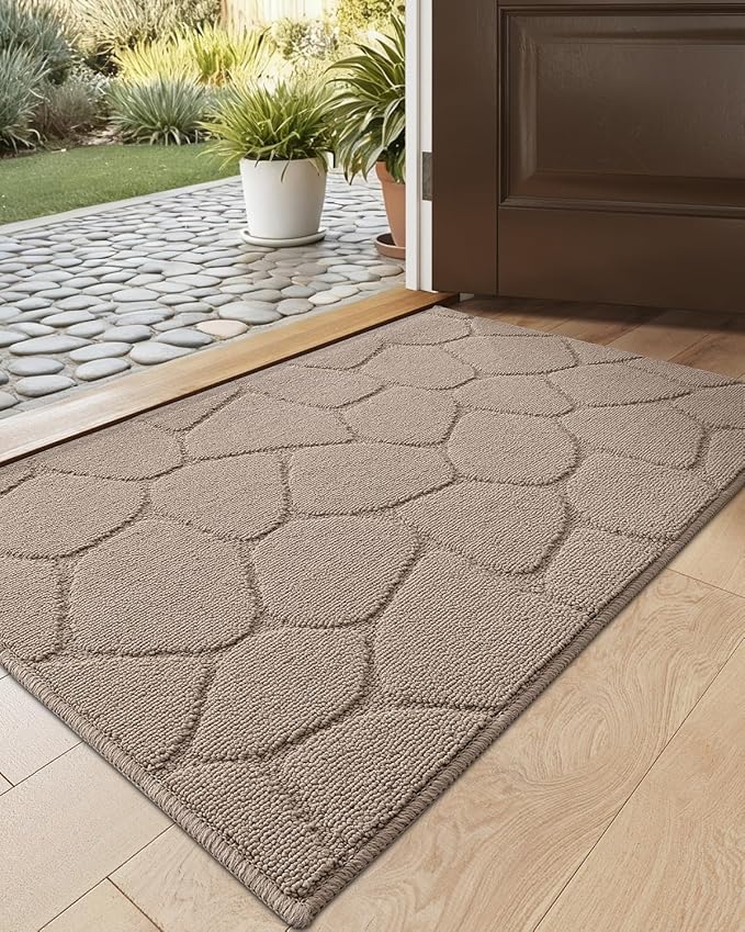 DEXI Front Door Entryway Mat Non Slip, 17x30 Washable Inside Entrance for House Floor Low Profile, Thin Entry Doormat Absorbent Dirt Trapper, Pebble Beige