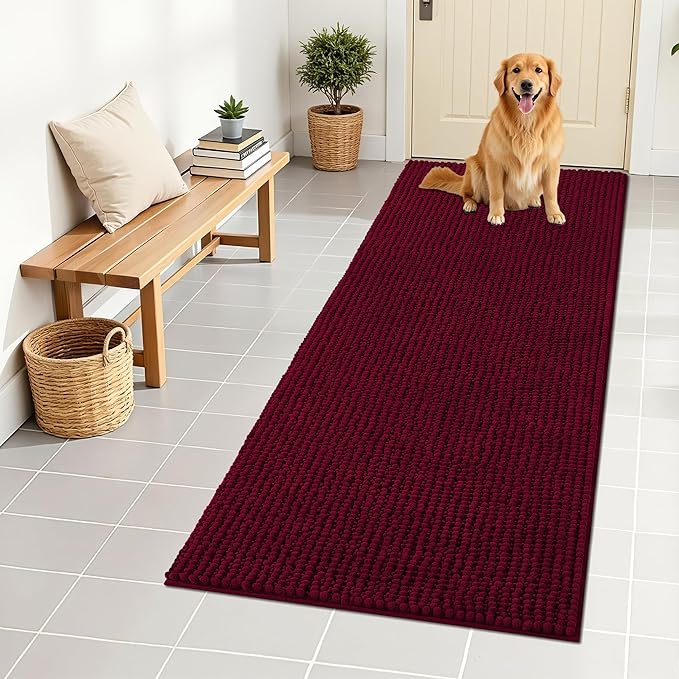 OLANLY Dog Door Mat for Muddy Paws 59x24, Ultra Absorbent Chenille Mud Doormat, Non-Slip Washable and Dirt Trapping Doormat for Indoor Entryway, Quick-Dry Indoor Pet Bed Mats for Dogs, Burgundy