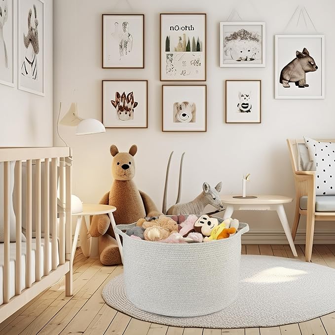 XUANGUO Extra Large Cotton Rope Basket – 22"x14" Woven Storage Baskets for Blankets, Toys, Laundry, and Nursery – Round Basket for Living Room, Kids, and Pets Grey