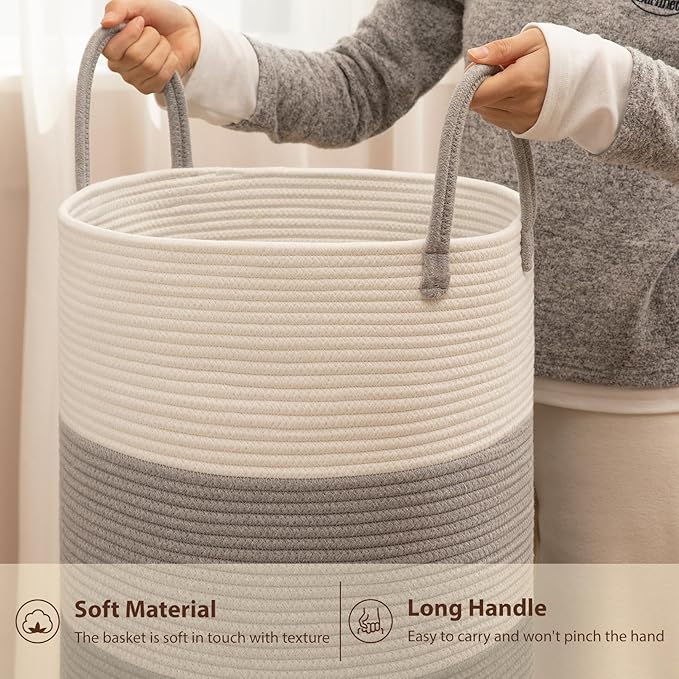 OIAHOMY Large Laundry Basket Hamper - 60L Cotton Rope Woven Basket for Blankets, Toys, Clothes - Tall Decorative Nursery Hamper with Long Handles, Gradient Grey