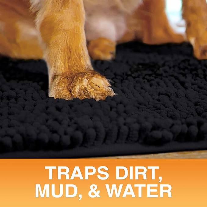 Neater Pets Chenille Dog Door Mat 36” x 24” – Super Absorbent & Quick-Dry Muddy Paws Doormat for Trapping Dirt, Water, Mud - Non-Slip & Machine Washable Pet Rugs for Entryway, Indoor Mud Mats, Black