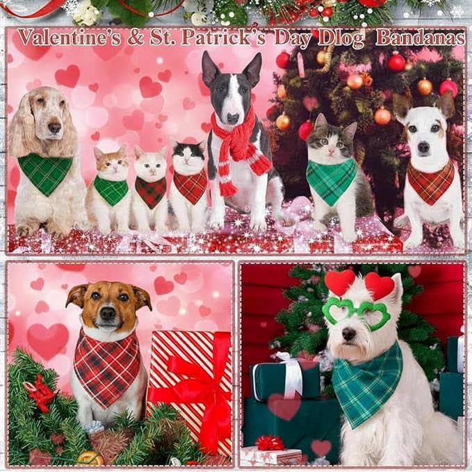 Abbylike 100 Pcs Valentine's & St. Patrick's Day Dog Bandanas Bulk Red & Green Plaid Bandanas for Dogs Triangle Kerchief Bib Scarf for Pet Holiday Costume Photo Props Accessories (25.6 x 17.7 x 17.7)
