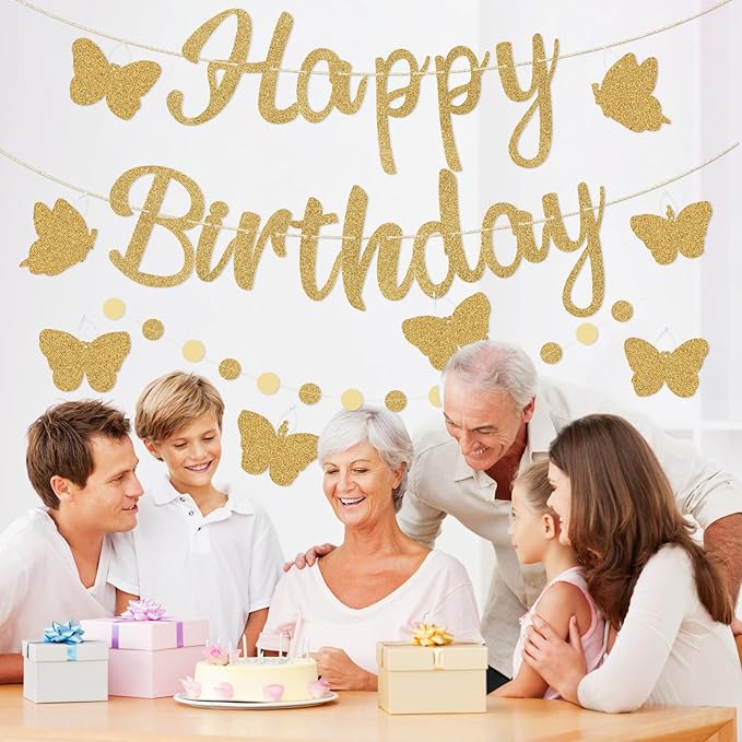 Pre-Strung Happy Birthday Banner, Gold Birthday Decorations with Butterflies and Circle Dot Garland, NO DIY Butterfly Party Decorations for Women Girls