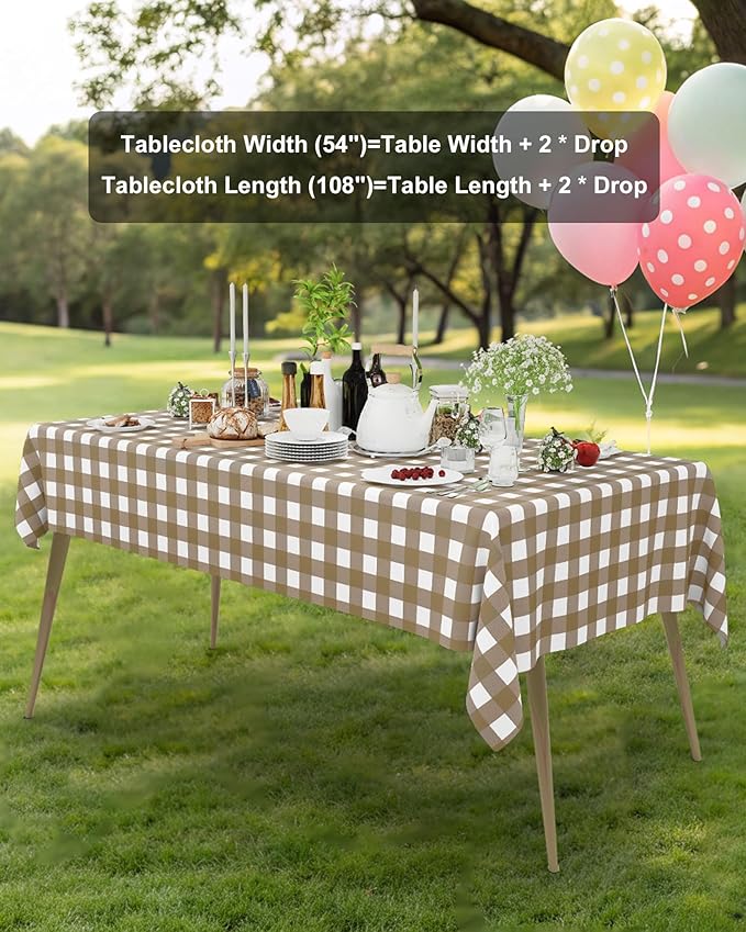 Smiry 12 Packs Gingham Disposable Table Cloth, 54 x 108 Inch Waterproof Plastic Tablecloth, Rectangle Khaki and White Checkered Table Covers for Outdoor, Birthday, Party