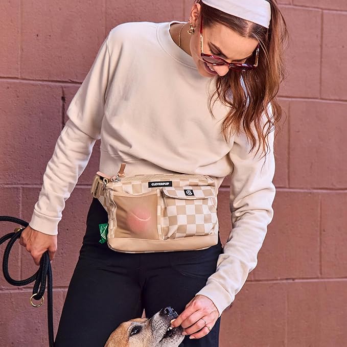 Cleverpup, Dog Walk & Train Sling Bag - Hands-Free 2-In-1 Treat Pouch, Poop Bag Holder, Clicker, Phone Pocket - Crossbody/Fanny Pack, Adjustable Strap - Checkerboard