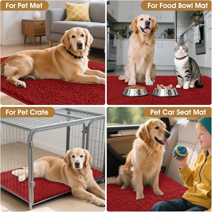 Large Dog Door Mats for Muddy Paws, 48" x 30" Chenille Absorbent Mud Mat for Dogs, Non Slip Heavy Dog Rugs For Muddy Paws, Soft Indoor Door Mat for Entryway, Mud Paw, Inside Floor, Christmas Red