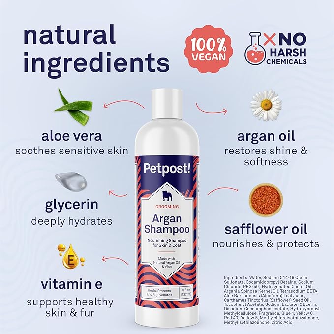 Petpost | Argan Shampoo for Dogs. Dog Shampoo with Argan Oil & Aloe. Moisturizes Dry Skin, Softens Coat, Restores Shine. 8 oz