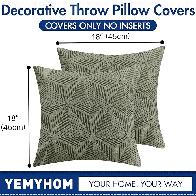YEMYHOM Pack of 2 Throw Pillow Covers 18 x 18 Inch High Stretch Jacquard Pillowcase for Couch Sofa Living Room Home Decor, Army Green