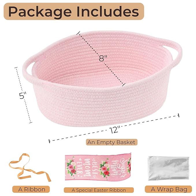 Small Woven Gift Basket Empty with Bag & Ribbon - Gifts for Mom, Baby Shower, Birthdays & Raffle - Cotton Rope Storage Basket for Dog Toys or Shelf - 12"x8"x5", Pink/Pink Ribbon