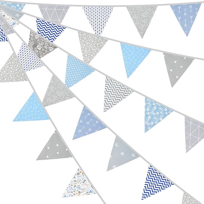 G2PLUS 39Ft Triangle Bunting Banner, 42pcs Cotton Pennant Banner, Grey Blue Reusable Floral Triangle Flags Party Decoration for Birthday, Wedding, Baby Shower, Room Decor