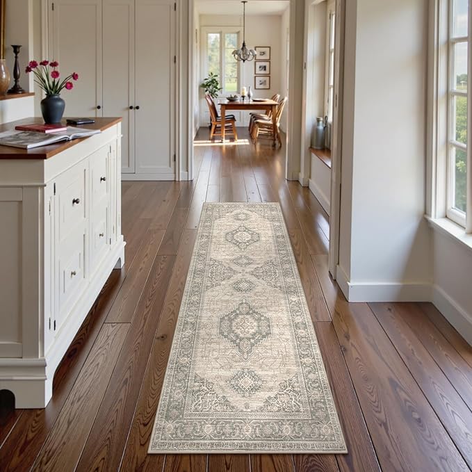Lahome Oriental Washable Runner Rug Non Slip, 2x7 Rug Runners for Hallways Kitchen, Ultra-Thin Hallway Rugs for Laundry Room Bathroom Bedroom Eleanor, Grey/Brown