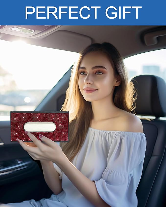 Bling Car Sun Visor Tissue Box Holder,PU Leather with Bling Crystal Rhinestones Tissue Holder,Car Accessories for Women (Red)