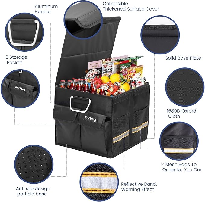 Trunk Storage Organizer with Lid, 35cm Small 36L Collapsible Car Trunk Organizer,Small Car Organizer Aluminium Handle, Car Accessories for Sedan Auto SUV Truck Minivan Road Emergency Black