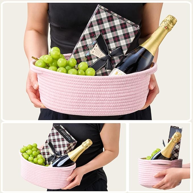 Small Woven Gift Basket Empty with Bag & Ribbon - Gifts for Mom, Baby Shower, Birthdays & Raffle - Cotton Rope Storage Basket for Dog Toys or Shelf - 12"x8"x5", Pink/Pink Ribbon