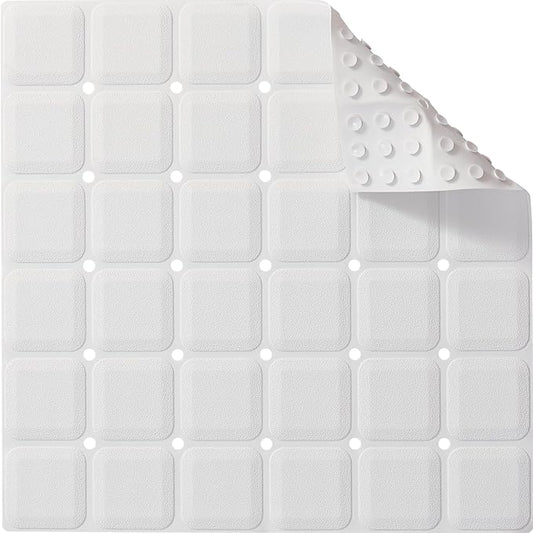 Webos Anti Slip Shower Mat for Tub & Shower Stall, 21" x 21" Square Silicone Bathtub Mat with Powerful Suction Cups, Fast-Draining, Machine Washable Soft Foldable Bathroom Mat, White