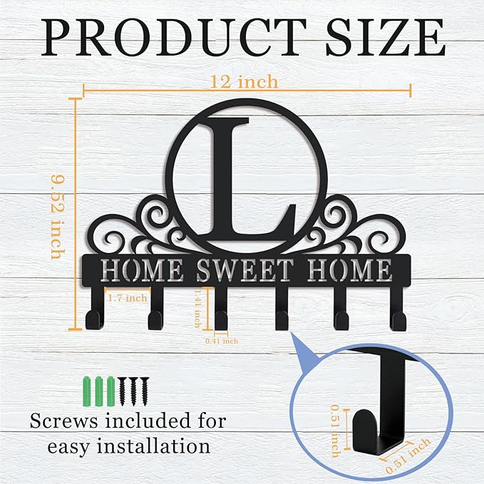 Metal Letter L Key Holder for Wall, Monogram Coat Rack Wall Mount, Key Hooks Perfect for Bathroom, Living Room, Kitchen, Office Ideal Wedding, Anniversary, Housewarming Gift (L)