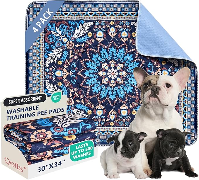 Qeils Washable Pee Pads, Reusable Puppy Pads 4 Pack 30"x34" Super Absorbent Leakproof Dog Training Pads, Non-Slip Wee Wee Pads for Crate, Floor, Potty Pads Feeding Mat Dog Pee