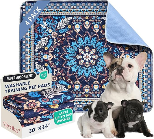 Qeils Washable Pee Pads, Reusable Puppy Pads 4 Pack 30"x34" Super Absorbent Leakproof Dog Training Pads, Non-Slip Wee Wee Pads for Crate, Floor, Potty Pads Feeding Mat Dog Pee