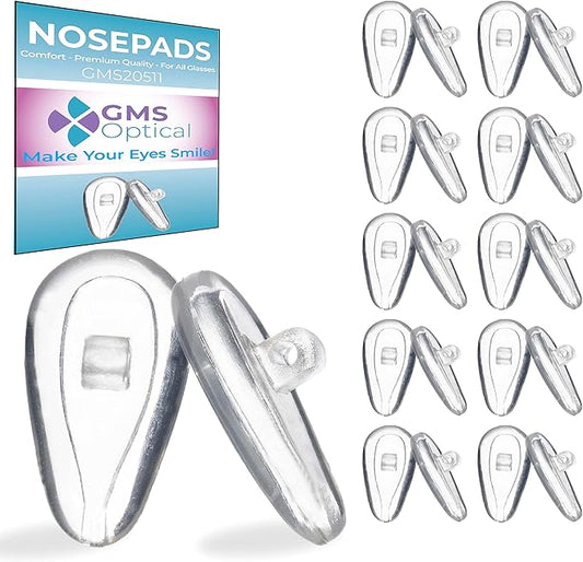 GMS Optical Comfort Line - 7mm Regular Wide/11mm Small Length - Air Bag Screw-in Soft Silicone Nose Pads for Glasses, Sunglasses, Glasses Repair Kit with Screws, Keep Glasses from Sliding (10 Pair)