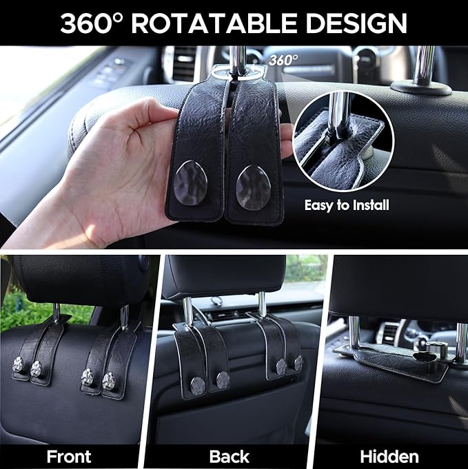 4 PCS Leather Car Seat Hooks for Headrest, Vehicle Hanger Storage Organizer Universal for Handbag Purse, Car Accessories Gift (Black-Black-4 PCS)