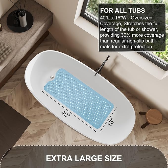 Bath Tub Shower Mat, Non Slip Bathtub Floor Liner Mats with Suction Cups and Drain Holes, Machine Washable Bathmat for Bathroom Floor Safety, 40 x 16 Inch, Sky Blue