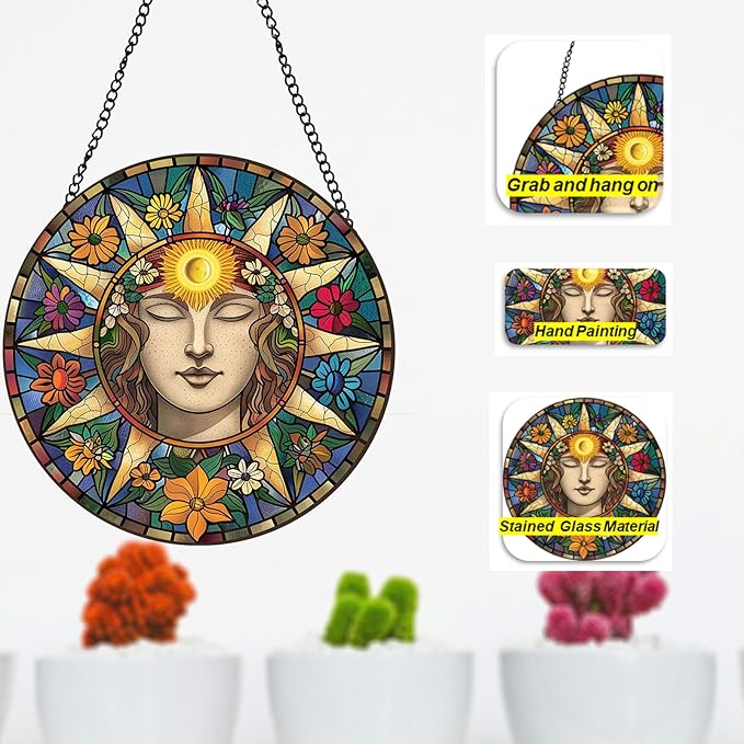 Sun Suncatcher 8 Inch Stained Glass Window Hanging Diamond Chain Hooks – Indoor/Outdoor Window Wall Art Home Décor -Gift for Women Men Valentine's Day Thanksgiving Ornaments Festival Gifts