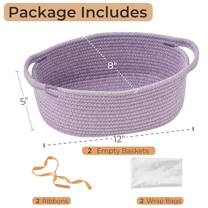 Small Woven Gift Basket Empty with Bag & Ribbon - Gifts for Mom, Baby Shower, Birthdays & Raffle - Cotton Rope Storage Basket for Dog Toys or Shelf - 12"x8"x5", Purple, 2 Packs