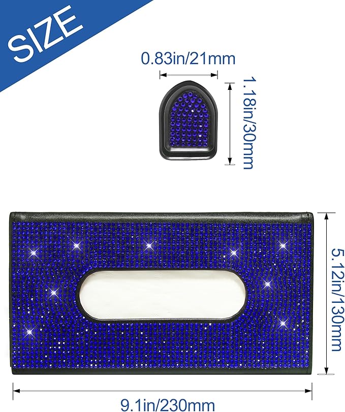 Bling Car Sun Visor Tissue Box Holder,PU Leather with Bling Crystal Rhinestones Tissue Holder,Car Accessories for Women (Blue)