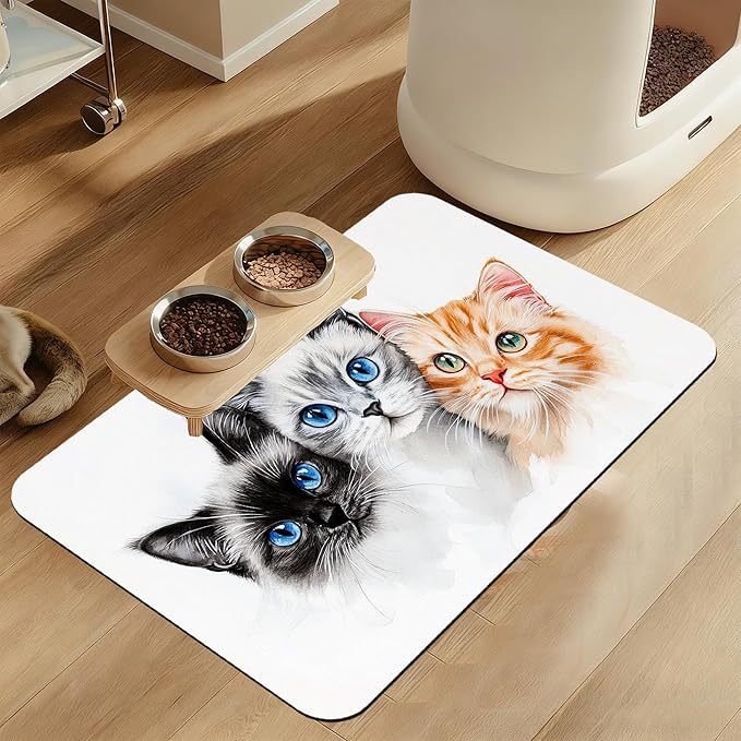 Cute Cats Pet Food Mat for Cats and Dogs–Absorbent Quick Dry Feeding Placemat, Non Slip Rubber Base, Waterproof Bowl Mat for Indoor Use, Pet Supplies 16"x24"