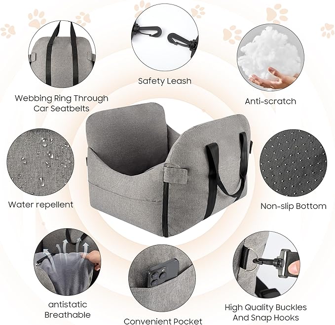 Dog Car Seat for Small/Medium Dogs.Water Repellent with Storage Pockets.Doubles as a Pet Travel Bed for Dogs Up to 40 lbs. Machine Washable Dog Carrier- Gray