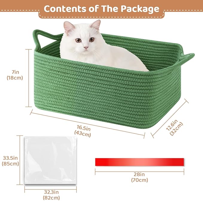 Large Empty Gift Baskets for Baby Shower, 16.5"L x 12.6"W x 7"H Cute Woven Storage Basket with Gift Bags and Ribbons, Small Rope Toy Basket with Handles, Cat Dog Pet Toy Organizer - Green