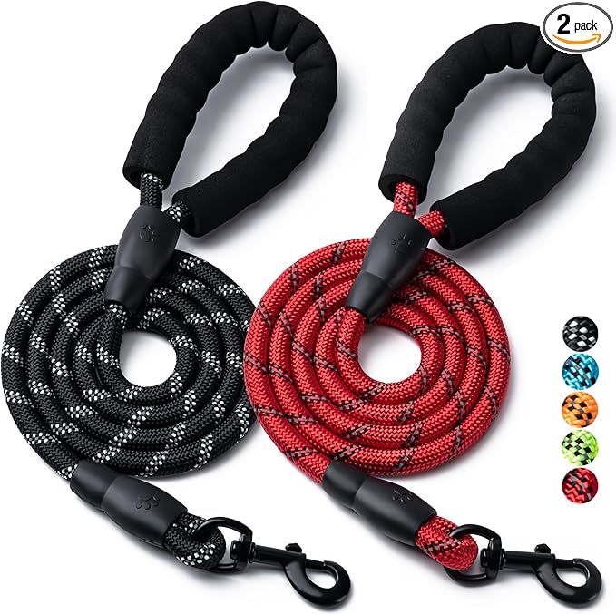 2 Pack Dog Leash, 4/5//6 FT Heavy Duty Nylon Rope Pet Leashes with Comfortable Padded Handle, Reflective Dog Leashes for Small Medium and Large Dogs (6FT-3/8,Black/Red)