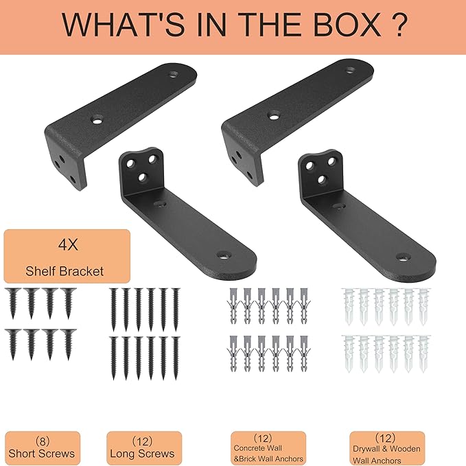 Eurydice Heavy Duty Floating Shelf Brackets, 1/4 inch Thick L Brackets, (4 In 4 Pack Black), Holds 200 lb, Rounded Arc Edge, One-Piece, 3 Hole Mounting For Wood Shelves in Kitchen, Garage, Office, DIY
