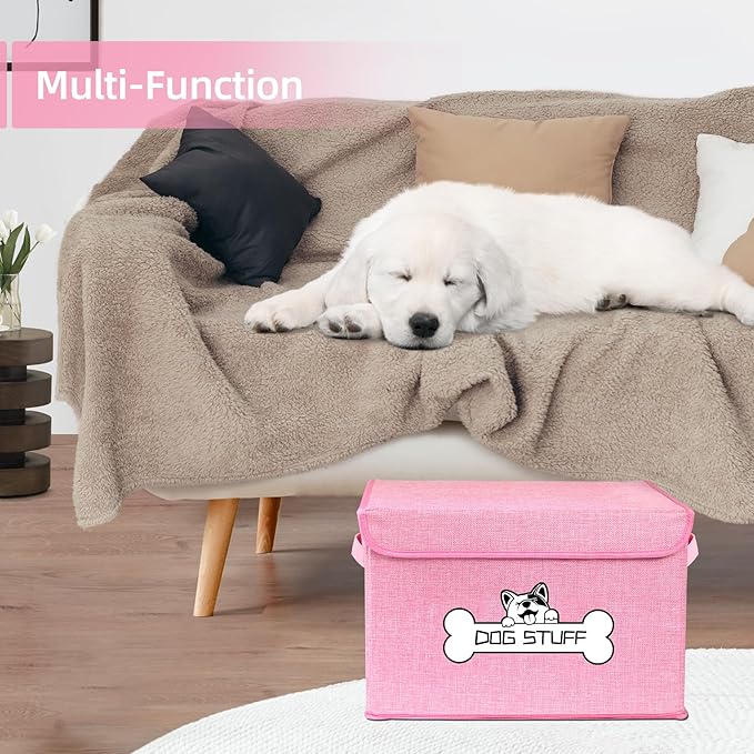 Thankspaw Fabric Dog Toy Box with Lid, Collapsible Storage Bin, Basket Organizer with Handle for Dog Toys, Blankets and Accessories, Pink