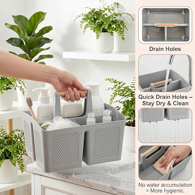 Haundry Plastic Light Gray Shower Caddy Basket with 3 Compartments, Portable Divided Bathroom Cleaning Caddy Organizer Storage Tote with Handle for Dorm, College, Room Essentials