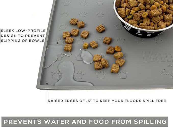Humble Pet Food Mat Feeding Tray - Non-Slip, Anti-Spill, Raised Dog Food Mat, Easy Clean Waterproof - Premium Quality Silicone - Perfect for Dog Bowl Mat and Cat Feeding Mat Tray, 24" x 16" (Grey)
