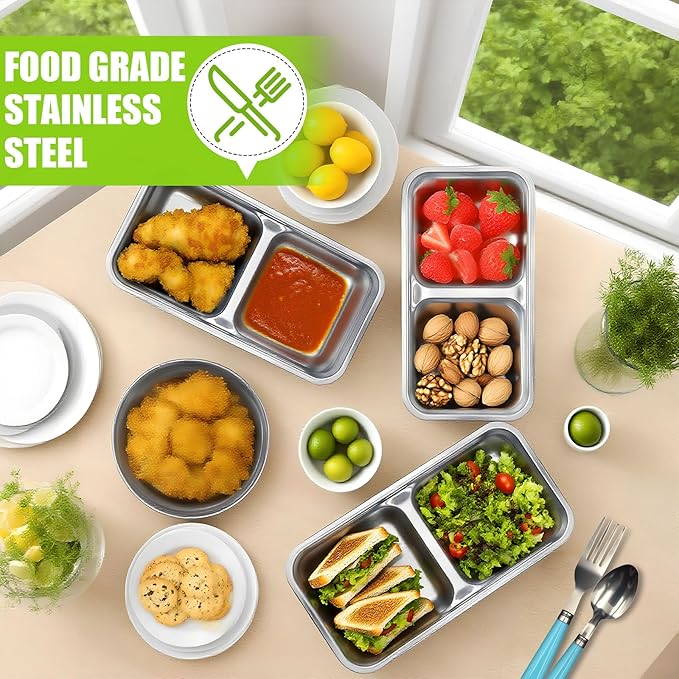 Grab and Go Snack Containers Stainless Steel Reusable, 12 PCS Stainless Steel Double Compartment Lunch Box, Metal Food Storage Containers, Home, Travel With a Set of Spoons and Forks