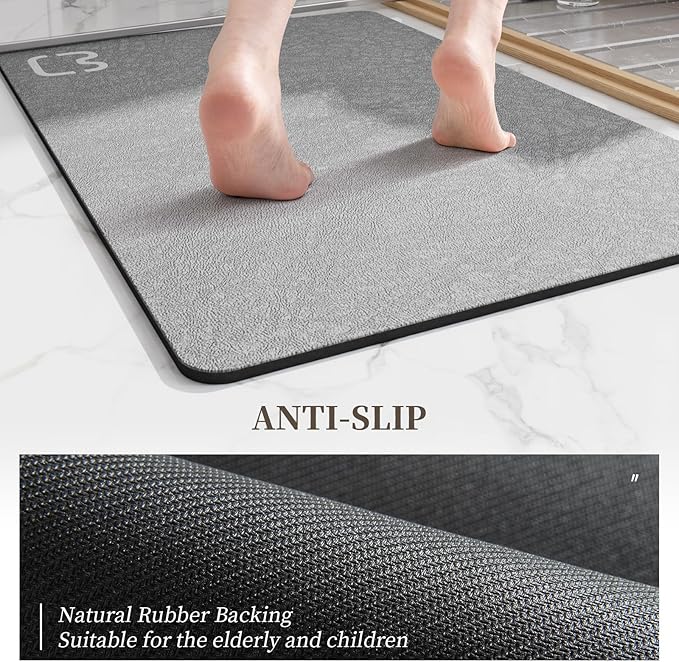 2 Piece Bathroom Mat Rugs Set - Quick Dry Absorbent Diatomaceous Earth Bath Mat Non-Slip Bathroom Floor Mat with Rubber Backing, Thin Bathroom Rugs Fit Under Door, 15.7x23.6+15.7x47.2 Inch, Grey
