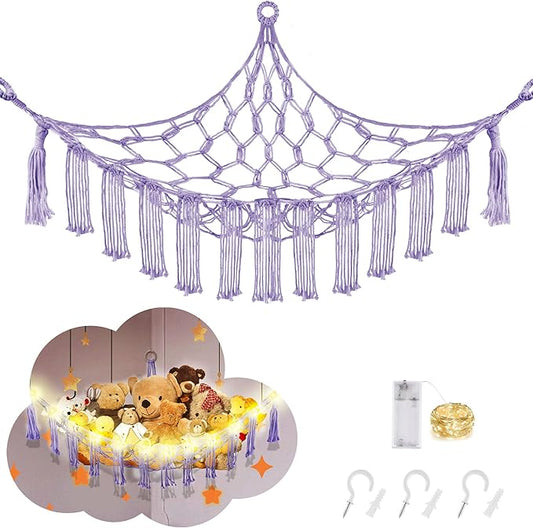 CERETIA Stuffed Animal Hammock with LED Light, Large Stuffed Animals Storage Corner Plushie Net for Kids Room Decor, Jumbo Purple
