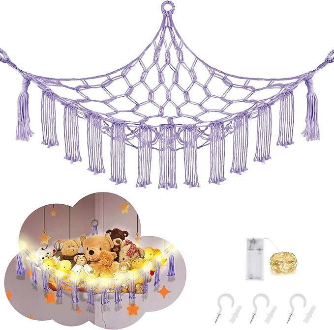 CERETIA Stuffed Animal Hammock with LED Light, Large Stuffed Animals Storage Corner Plushie Net for Kids Room Decor, Purple