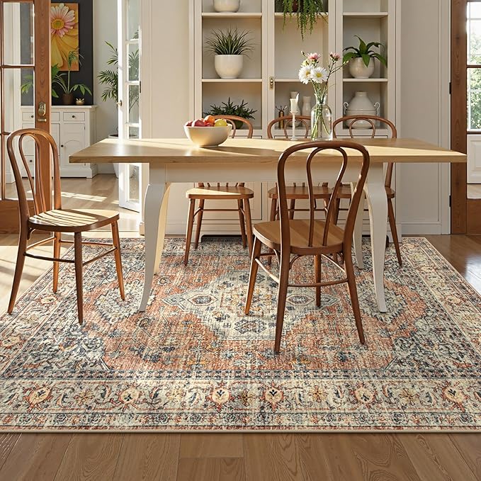 Lahome Oriental Washable Rugs 5x7, Soft 5x7 Rug for Bedroom Living Room, Ultra-Thin Non Slip Stain Resistant Vintage Throw Carpet for ‎Dining Room Office Eleanor, Peach/Orange