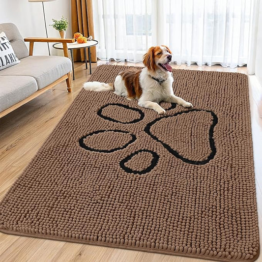 Smiry Dog Door Mat for Muddy Paws, Absorbent Dirt Trapper Non Slip Quick Dry Washable Chenille Mat for Mud Dogs, Entry Rug for Indoor and Outdoor (71x46 Inches, Coffee and Black)