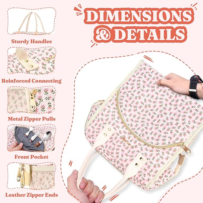 Lunch Bag Women Insulated Lunch Box Wide-Open Lunch Tote Bag Large Drinks Holder Durable Nylon Thermal Snacks Organizer for Men Adults Work Picnic Hiking Beach Fishing, Red Flower