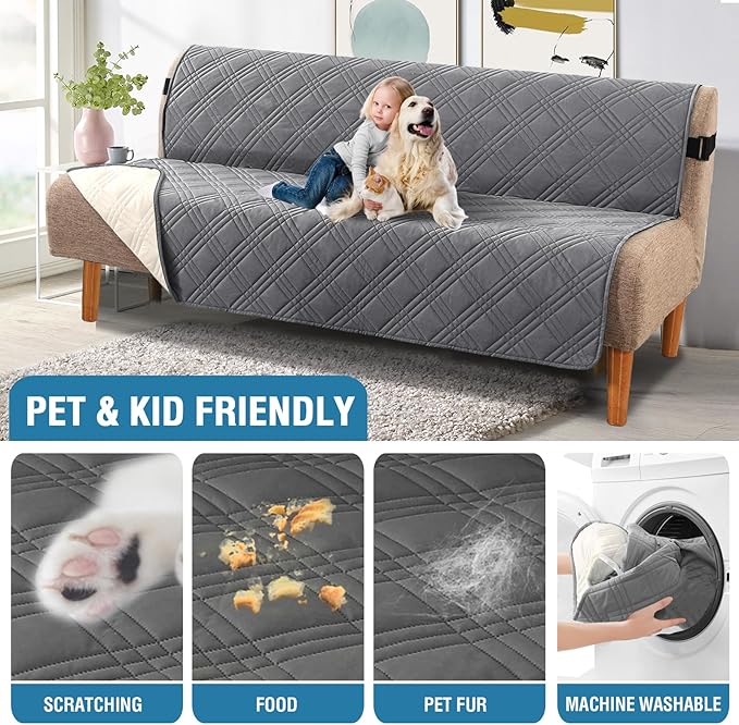 H.VERSAILTEX 100% Waterproof Futon Cover Reversible Futon Slipcover Armless Sofa Slipcover Furniture Protector Seat Width Up to 70" Washable with Adjustable Elastic Strap Anti-Slip, Grey/Beige