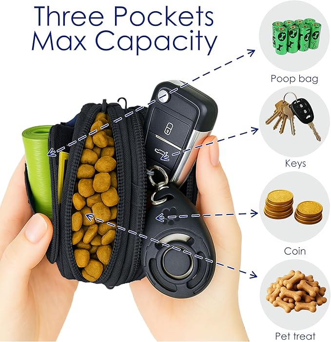 Raisingwell Dog Treat Pouch for Pet Walking and Training with Clicker, Poop Bags and Three Bags Design Small Fanny Zipper Pack Holder for Puppy Snack Dispenser Kit for Leash and Outdoor Use (Blue)