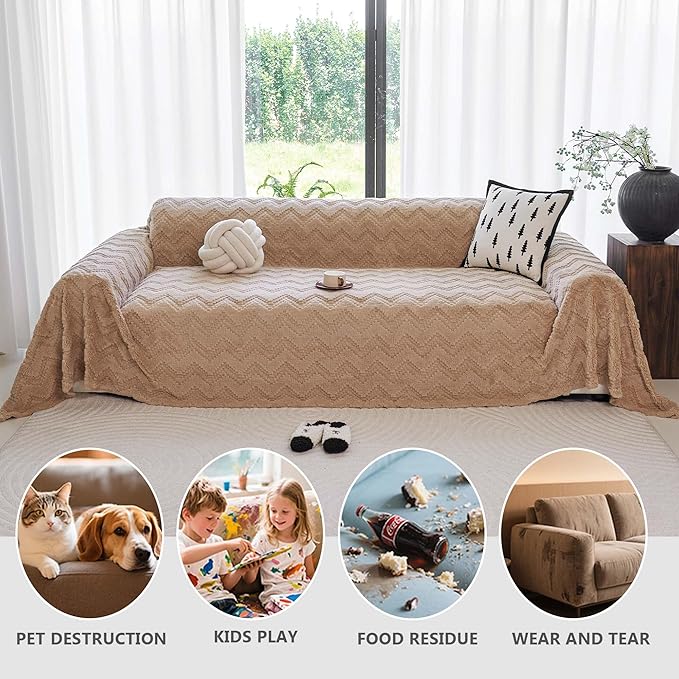 Sherpa Fleece Couch Cover for 3 Cushion Sofa, Brown, 71" x 134" - Pet Proof Sofa Covers Heavy Duty Scratch Resistant Pet Friendly Furniture Cover - Easy Install, Machine Washable