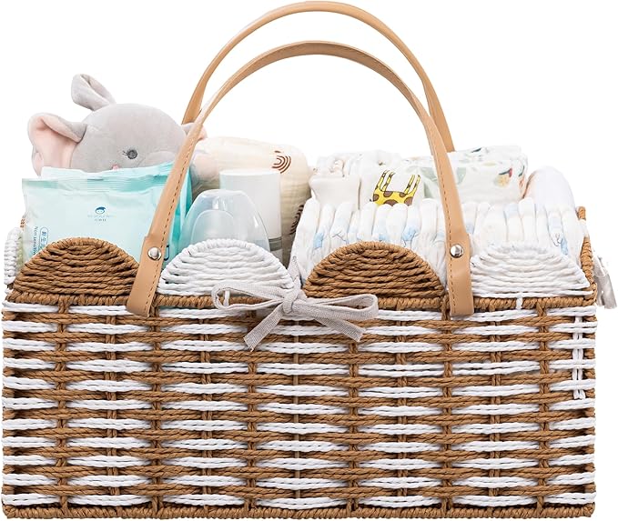 HBlife Baby Diaper Caddy, Paper Rope Storage Baskets Nursery Bin with Removable Divider, Portable Car Organizer for Diapers, Baby Shower Gifts, Newborn Essentials Must Haves