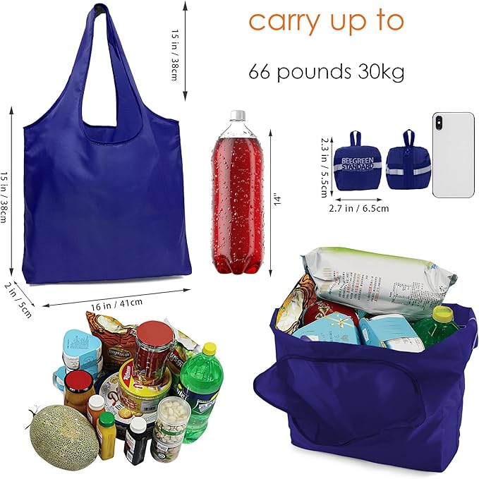 BeeGreen Navy Blue Reusable-Grocery-Bags-Foldable-Machine-Washable Reusable-Shopping-Bags Extra Large Reusable Bags Totes 66 Lbs Ultra-Lightweight Polyester Fabric